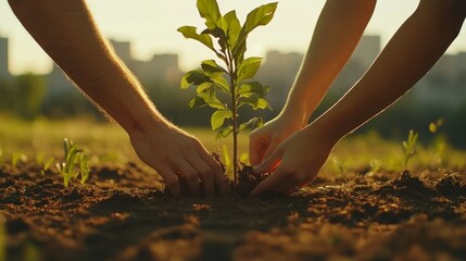 A close-up of young people planting trees in urban parks, emphasizing eco-friendly development and sustainability. Capture the essence of urban green spaces under natural light.