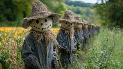 Scarecrows lined up in a sunflower field on a sunny day