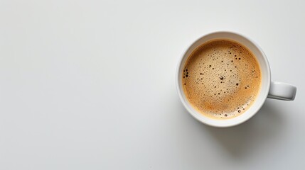 Creamy coffee in a white cup on a plain background. Top-down shot with room for text.