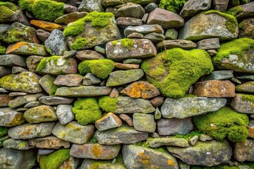 Rough stone wall with irregularly shaped stones, covered in moss and lichen, outdoor, basalt, stones, stonework