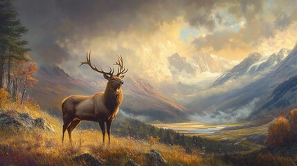 Fototapeta premium Majestic elk stands on a grassy hill with a majestic mountain range in the background, with a valley and a lake in the distance.