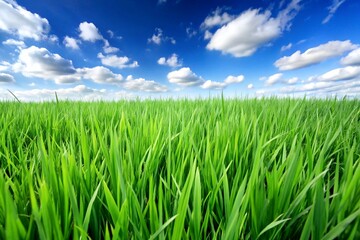 Obraz premium Beautiful Green Grass Field Under a Bright Blue Sky and Cotton-Like Clouds Captured in Summer