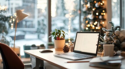 Open office space decorated for Christmas holidays with trees and ornaments, creating warm and festive atmosphere at workplace	
