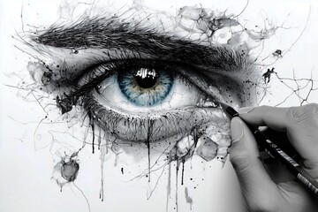Obraz premium Close-up of a detailed blue eye with Hand Drawing in an abstract, monochrome style