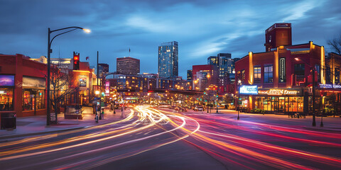 Nightlife in the City: Vibrant street scene at dusk, showcasing the energy and beauty of urban life with light trails adding a dynamic effect 