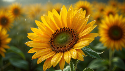 Obraz premium Golden Sunflowers Standing Tall in Field with Morning Dew Drops Creating Natural Bokeh Effect