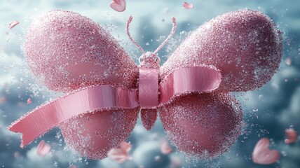 A pink butterfly made of sparkly elements and ribbons.