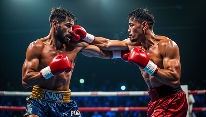 Professional Boxers Exchange Powerful Punches During Intense Championship Match in Boxing Ring