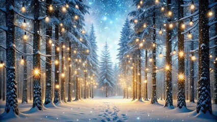 Fototapeta premium Snowy forest landscape with towering trees and twinkling lights, winter foliage, forest scenery