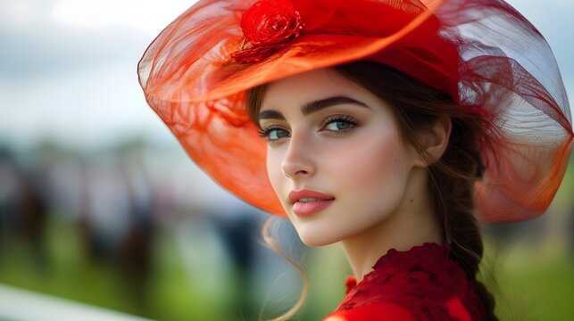 Horse racing fashion, woman wearing a fashionable colourful flower hat and fancy dress. Retro modern elegant sports event spring carnival, race track and horse background. Melbourne Cup in Australia.