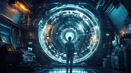 A scientist exploring a futuristic portal in a high-tech facility