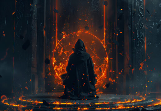 A hooded figure sitting on an ornate throne, surrounded by flames, in a dark fantasy style. The digital painting features a symmetrical composition with an epic background and dark, Generative AI