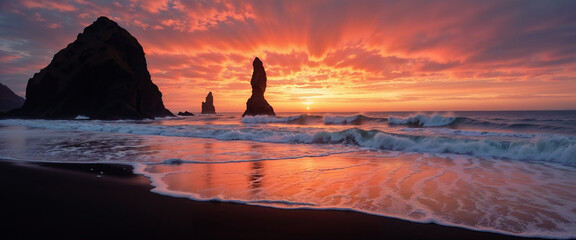 Dramatic Icelandic Black Sand Beach with Golden Sunset and Rolling Waves Against Volcanic Landscape