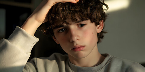 Fototapeta premium Thoughtful Gaze: A young man with curly brown hair, wearing a beige sweater, contemplates his thoughts as the golden light of sunset casts a warm glow on his face. His eyes.