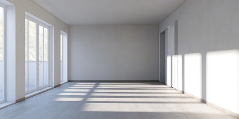 Fototapeta premium A large, empty room with white walls and windows. The room is very bright and open, with a lot of natural light coming in through the windows. The space feels clean and uncluttered