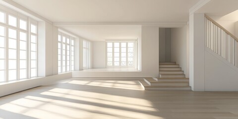 Fototapeta premium Sunlit modern living room featuring large windows, wooden flooring, and a minimalist design with clean lines and neutral colors.