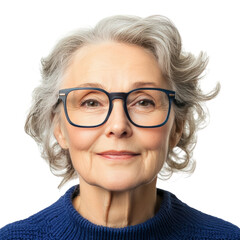 Fototapeta premium Portrait of an elderly woman with glasses, smiling against a white background.