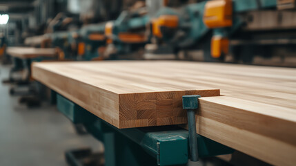 Close-up of a wooden surface clamped on a workbench in a carpentry workshop. The setting showcases tools and machinery in the background.