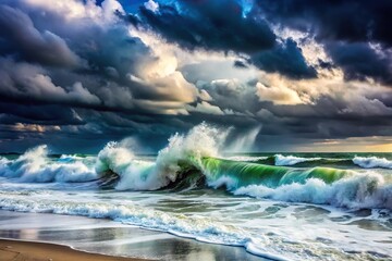 Fototapeta premium Stormy ocean waves crashing on the shore, stormy weather, ocean waves