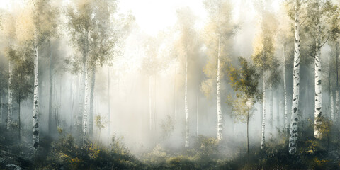 Misty Birch Forest: An ethereal scene of tall birch trees bathed in a soft, golden light, their trunks disappearing into the mist. The air is still.