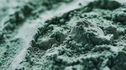 Closeup of green powder for skincare, cosmetic, or food. Macro photography of powder with smooth texture