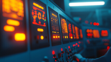 Close-up view of a control panel with illuminated buttons and screens, showcasing modern technology in a dimly lit environment.