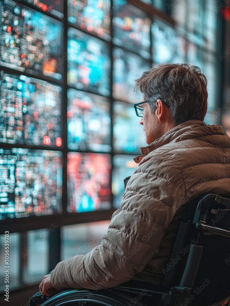 Poster Cybersecurity Expert in Wheelchair Monitors Data on Large Screens in Advanced Server Room