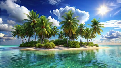 Fototapeta premium Tropical island getaway with palm trees swaying in the breeze, tropical island, palm trees