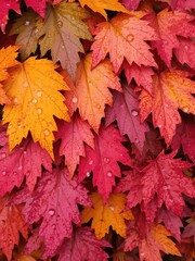 Vibrant autumn leaves covered in sparkling water droplets, macro, fall, colorful