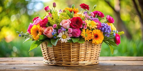 Vibrant bouquet of mixed flowers arranged in a wicker basket, present, floral