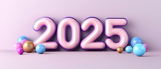 Neon 2025 sign with a soft glowing pink and blue hue delicate confetti dots sprinkled across a pastel lavender background creating a futuristic yet classy and elegant visual