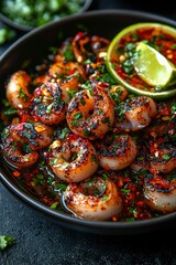 Close-up of Pan-Seared Scallops with Chili, Lime, and Herbs