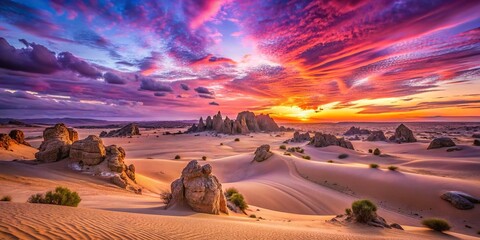 Vibrant purple and pink hues in a sunset over vast desert landscape with rugged rocks and sandy dunes, golden light, vibrant, sunset, landscape, intense