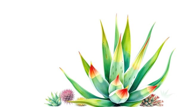 watercolor aloe vera plant, green, red, white background clip art preview