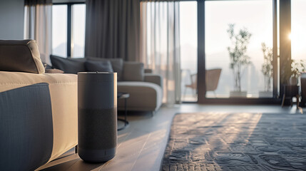 A sleek, modern air purifier was placed in the living room of an apartment with large windows and curtains