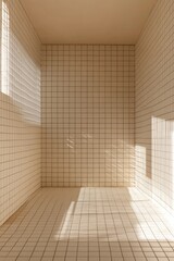 Fototapeta premium A white bathroom with a tiled wall and a window. The tiles are arranged in a grid pattern, and the room is very clean and bright