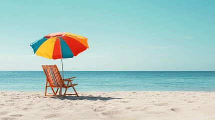 Beach Umbrella and Chair on Sandy Beach with Turquoise Ocean and Blue Sky