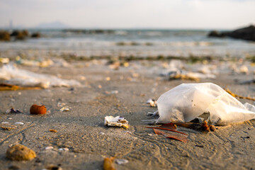 Trash, plastic cups and plastic bags at the beach. environmental problem concept and healing the world
