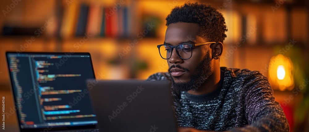 Poster focused man learning programming on laptop in cozy home environment