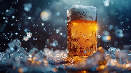 Close-up of cold beer in a glass with ice cubes, foam and bubbles flying around the scene.
