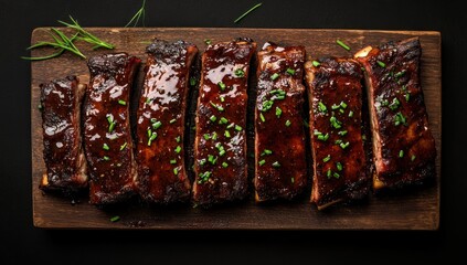 Delicious Glazed Ribs on Wooden Board