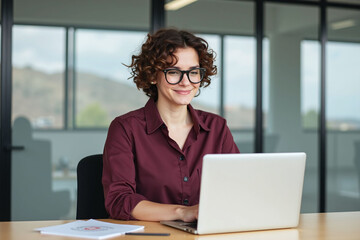 Woman at office desk, maroon shirt, focused expression