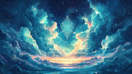 Fototapeta premium Religion and clouds symbolism concept. A vibrant sky filled with swirling clouds and sparkling stars transitioning from deep blues to warm yellows evoking a sense of wonder and tranquility