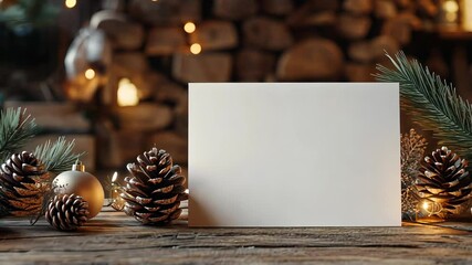 Christmas mockup of a blank holiday card on a rustic wooden table, surrounded by pinecones, ornaments, and a warm, festive atmosphere. . Video