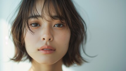 Naklejka premium Photo of a beautiful Japanese woman with a bob cut hairstyle and simple background.
