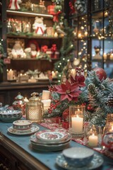A table is set with a Christmas tablecloth and a variety of dishes and decorations