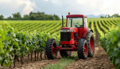 Fototapeta premium Red tractor working in lush vineyard under a cloudy sky.