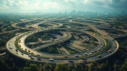 Aerial view of a complex highway interchange in an urban landscape.