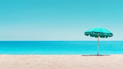 Beach Umbrella on Sandy Shore with Blue Ocean and Clear Sky