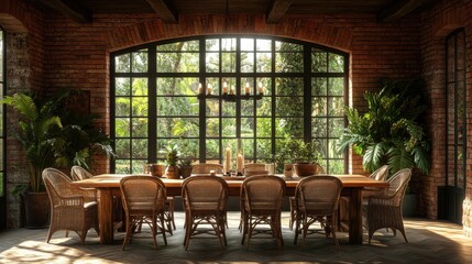 Fototapeta premium Cozy dining area with a large table surrounded by greenery.